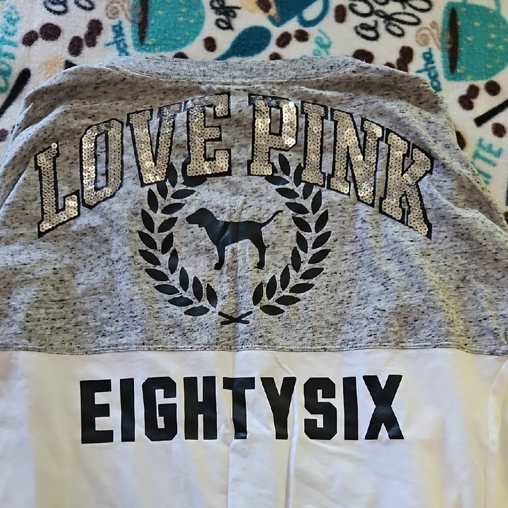 PINK Victoria's Secret Gray and White Long Sleeve Tee